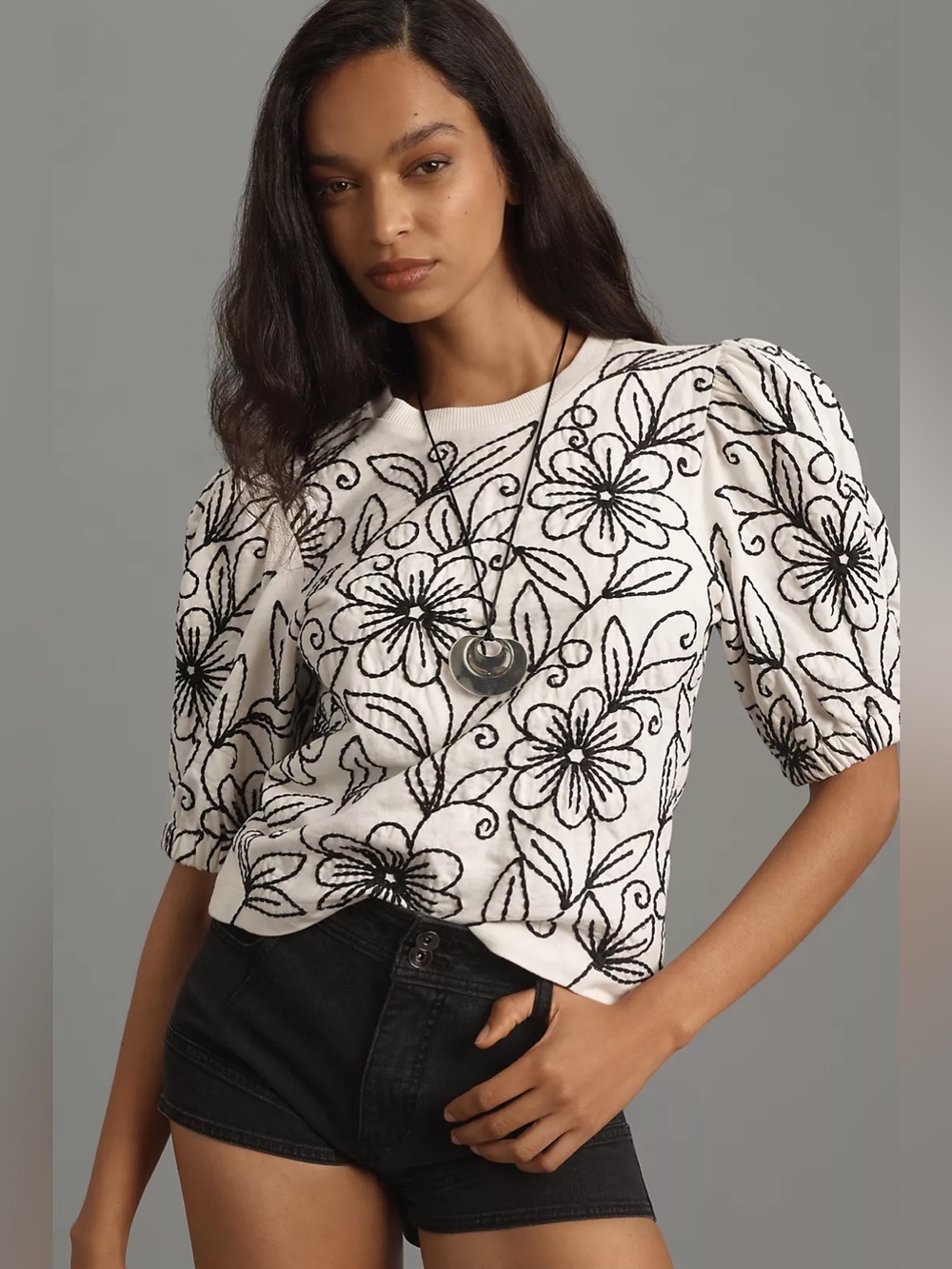 NWOT Maeve Anthropologie Puff Sleeve Embroidered Pullover Sweater Sz L